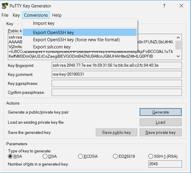 PuTTYgen openSSH export