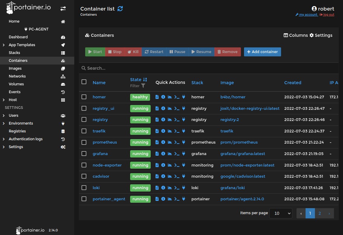 Portainer widok kontenerów Portainer widok kontenerów